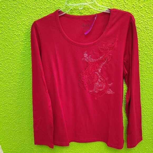 Denim&Co Red Long Sleeve Blouse with Round Neckline - Picture 1 of 3